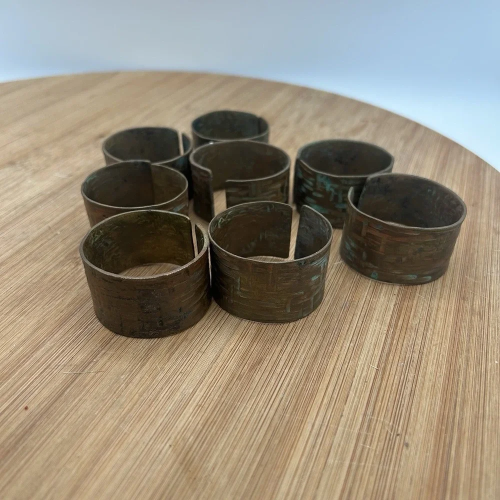 Vintage Copper Set of‎ 6 Embossed Solid Copper Napkin Rings Tooled Rattan